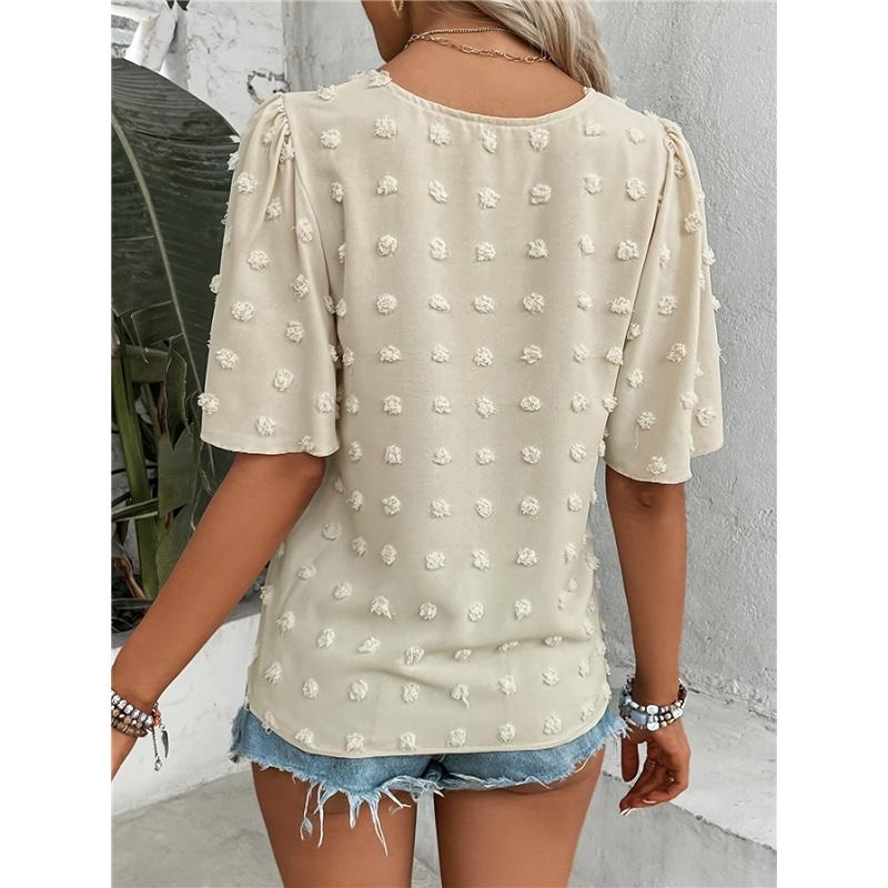 Comfortable Loose Jacquard Lace V-neck Short Sleeved Top For Women