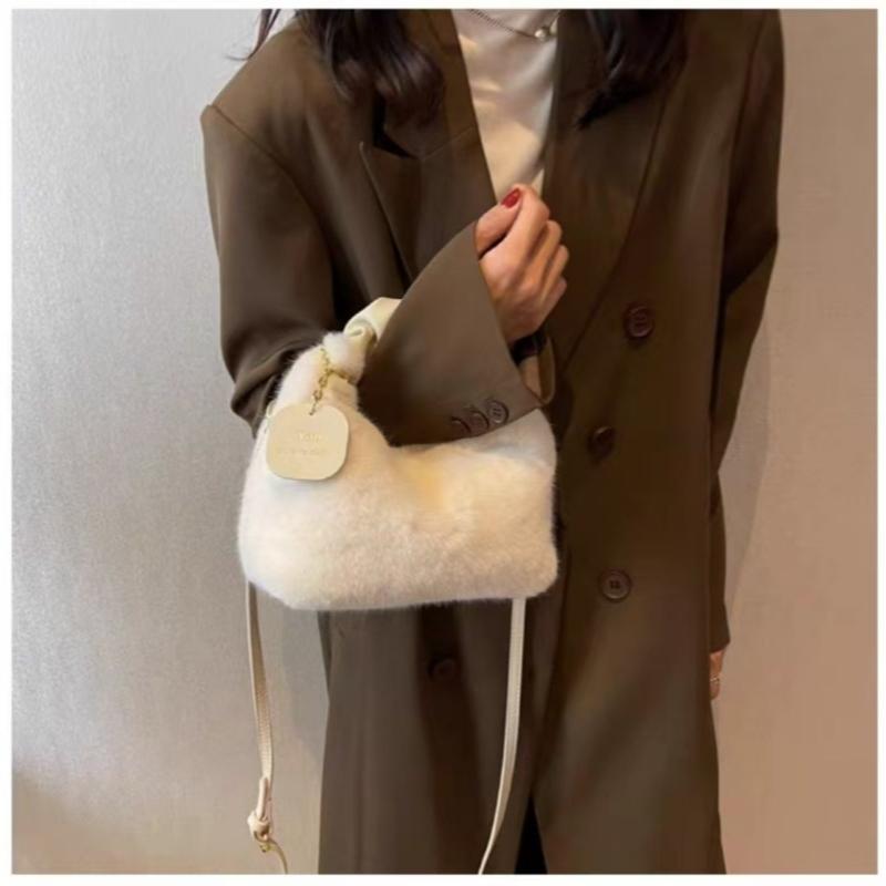 Women Faux Fur Handbag Solid Color Plush Top-Handle Bag Adjustable Shoulder Strap Comfortable Ladies Girls Trendy Bag