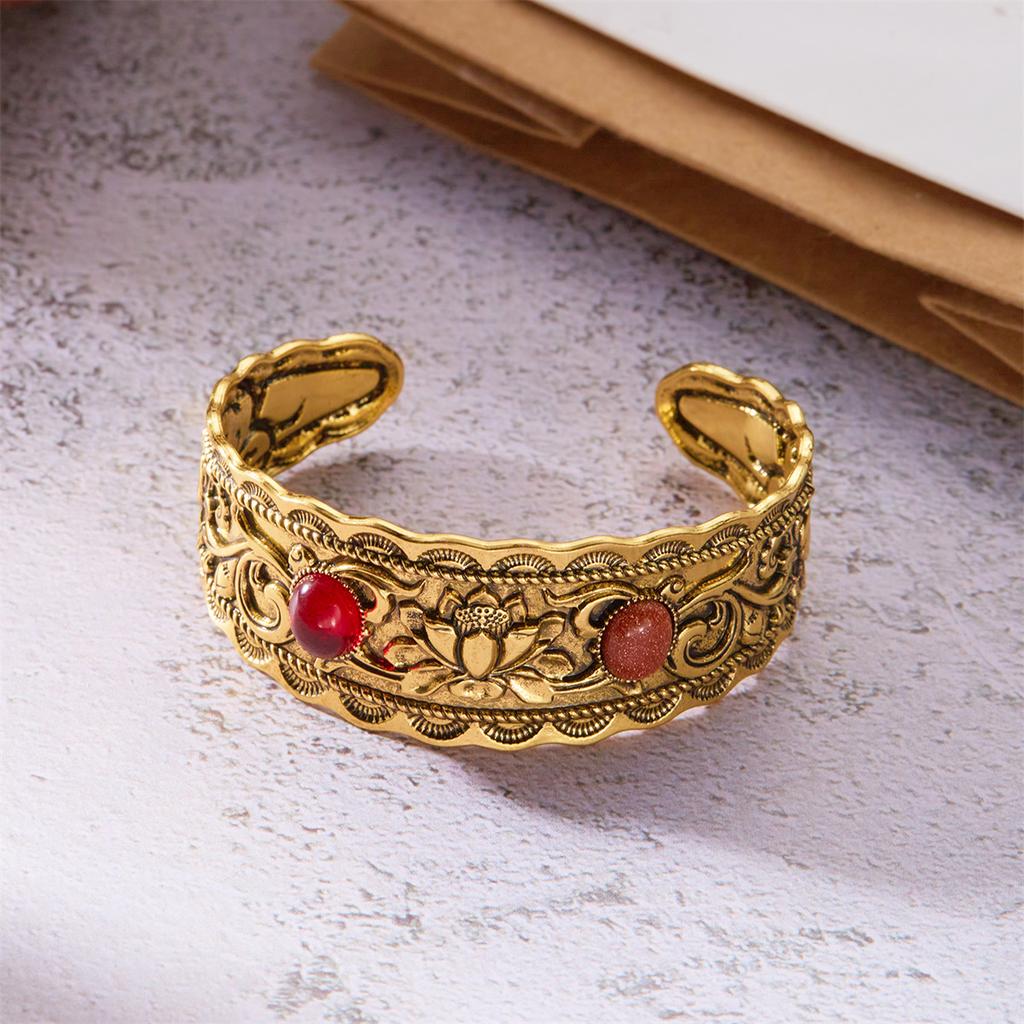 Vintage Antique Silver Color Natural Stone Wide Bangles Bracelets For Women Chinese Style Retro Gold Color Cuff Bracelet Jewelry