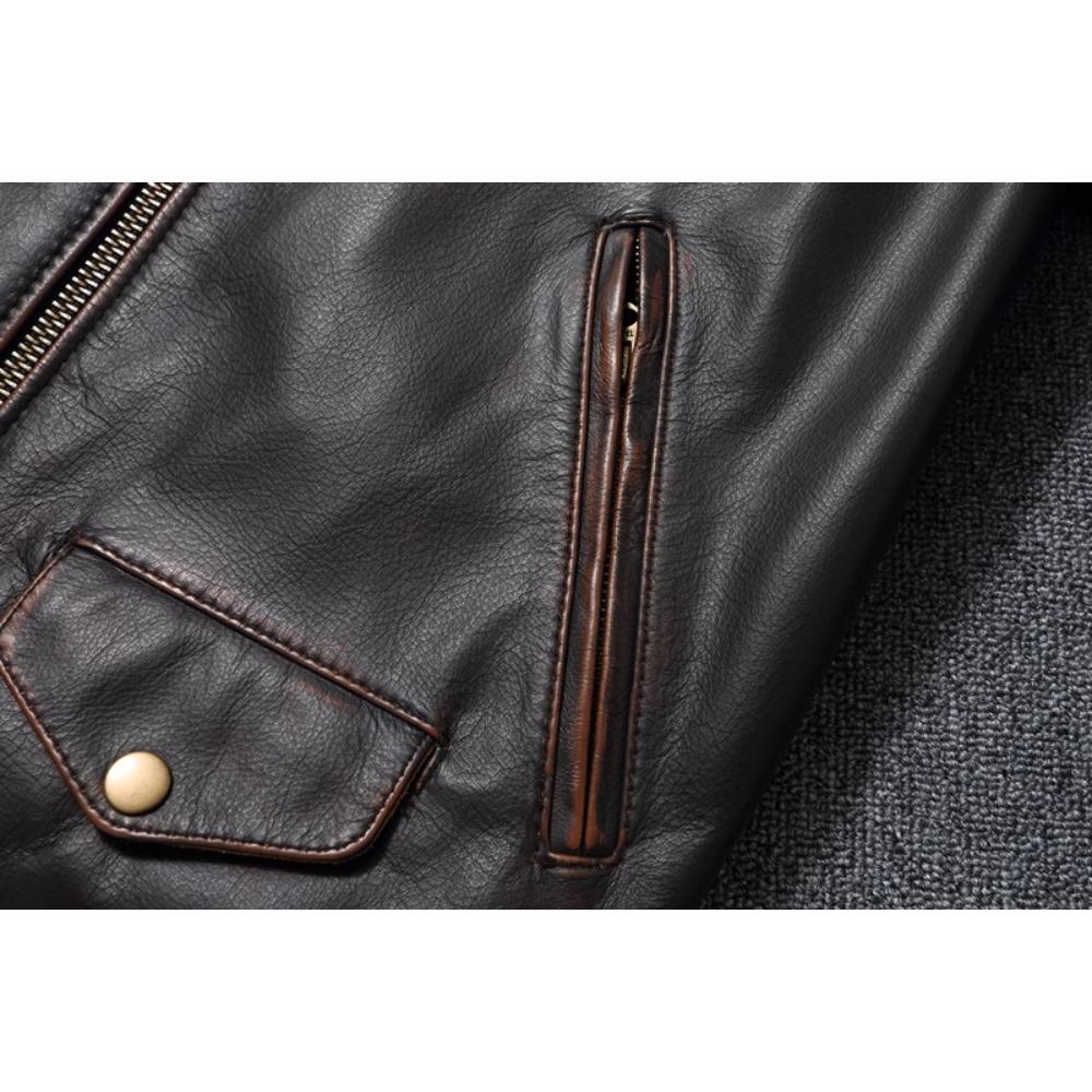 Style RL Top Layer Oil Waxed Cowhide Real Leather Jacket Men Stand Collar Brown Motorcycle Coat Men's Biker Jacket Spring Autumn