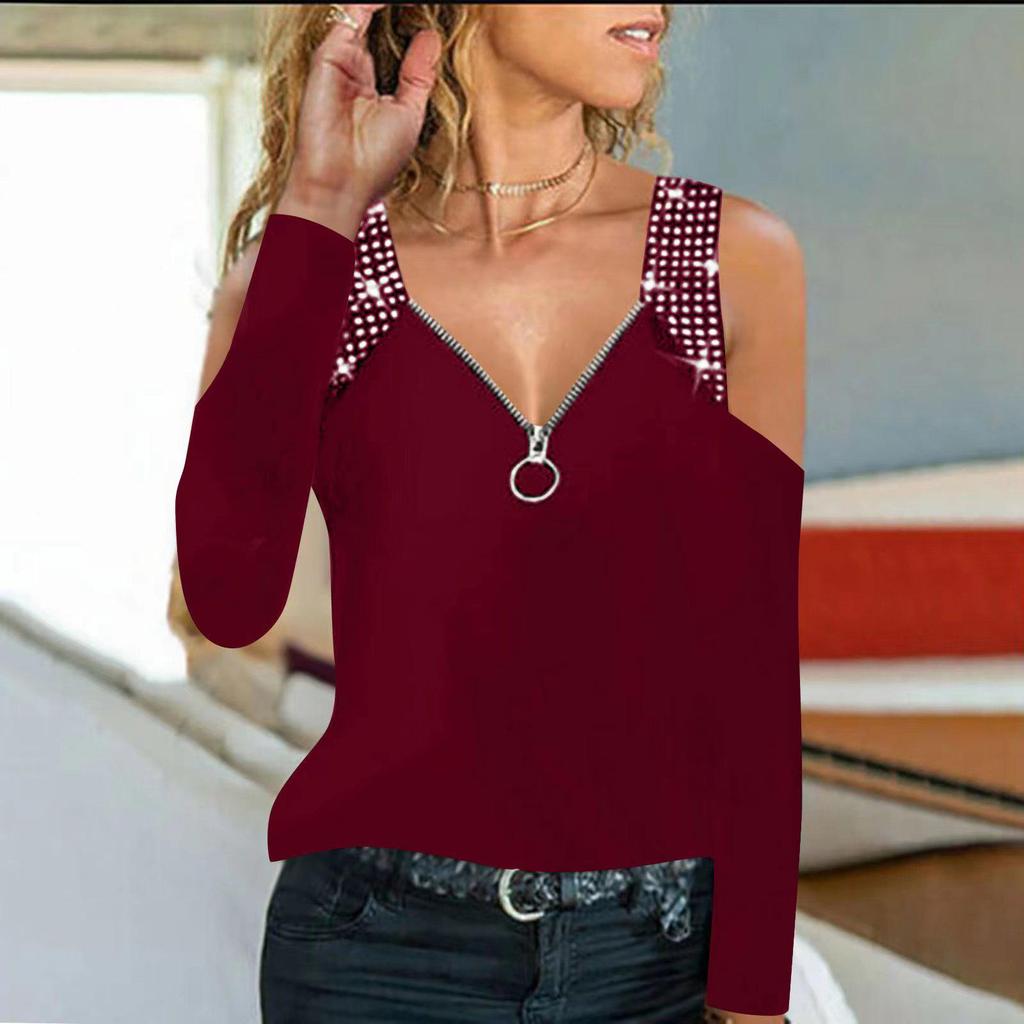 2026 Spring/Summer Women's V-neck Rhinestone Chain Top with Zipper Shoulder Straps