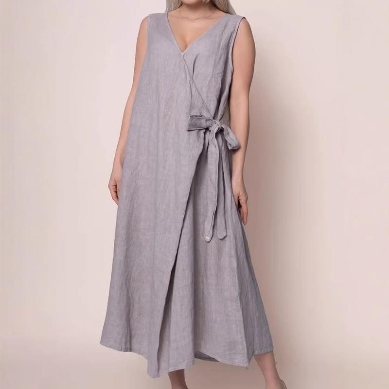 New Solid-color V-neck Side-tied Sleeveless Long Dress for Women