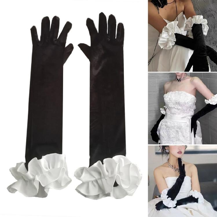 Elegant Fingerless Gloves Ruffle French Unique Outfits Long Gloves for Flapper Bride Wedding Dancing Accessories