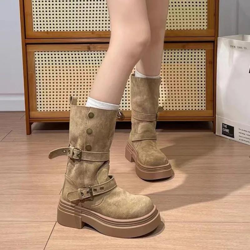 

Designer Shoes Woman Buckle Knight Boots for Women Fashion New Faux Suede Mid-calf Botas Slip-On Thick Heel Platform Booties 35 хакі