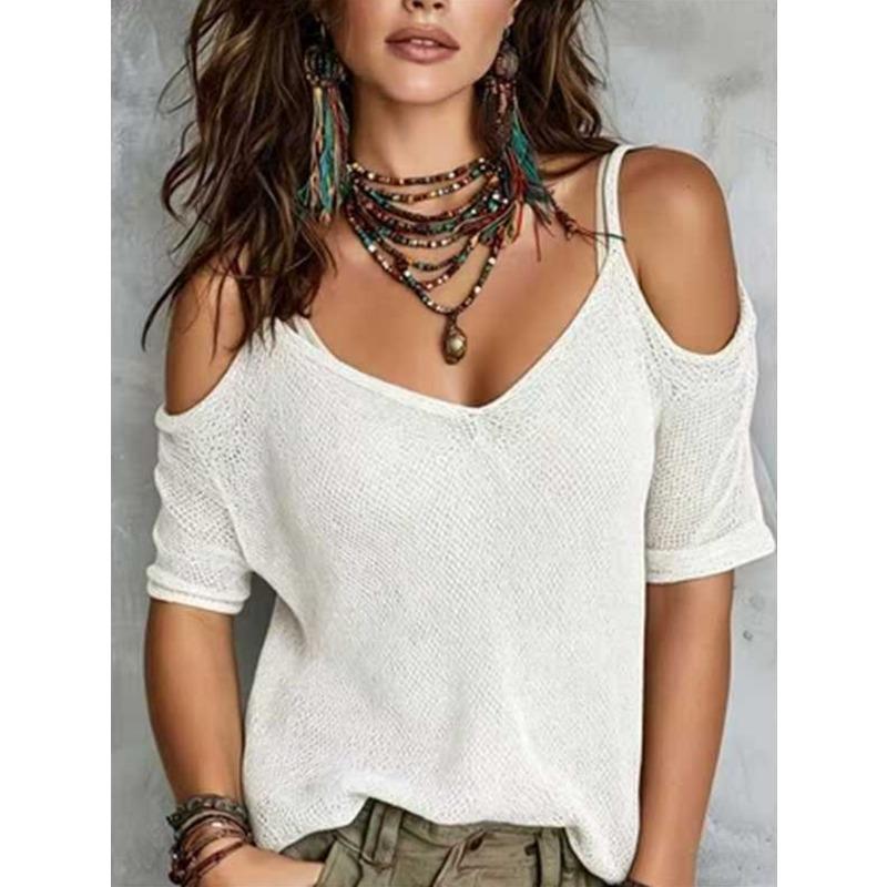 Women S Solid Mesh Cold Shoulder Knit Top Short Sleeve Summer