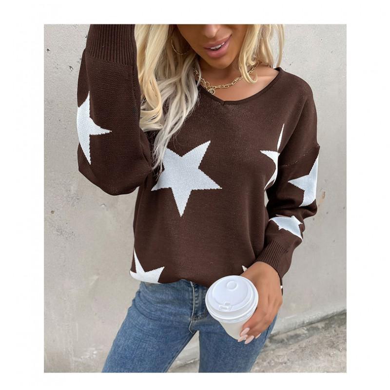 Womens Fit Star Print Round Neck Long Sleeve Knit Top - Acrylic Blend Casual Daily Wear