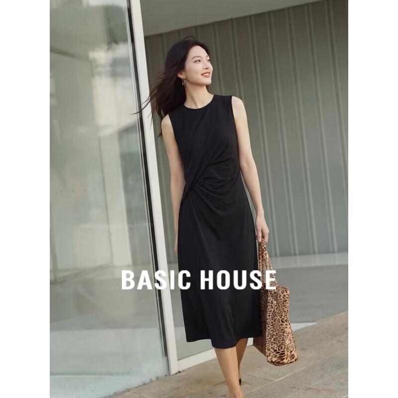 Basic House Women s Black Sleeveless Gathered Waist Dress L