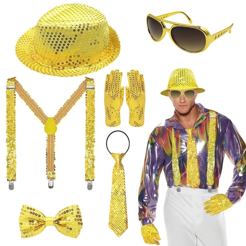 Dance Star Costume for Adults Men Hat Suspenders Bowtie Gloves Rings 80s 90s Stage Outfits Halloween Cosplay Costume
