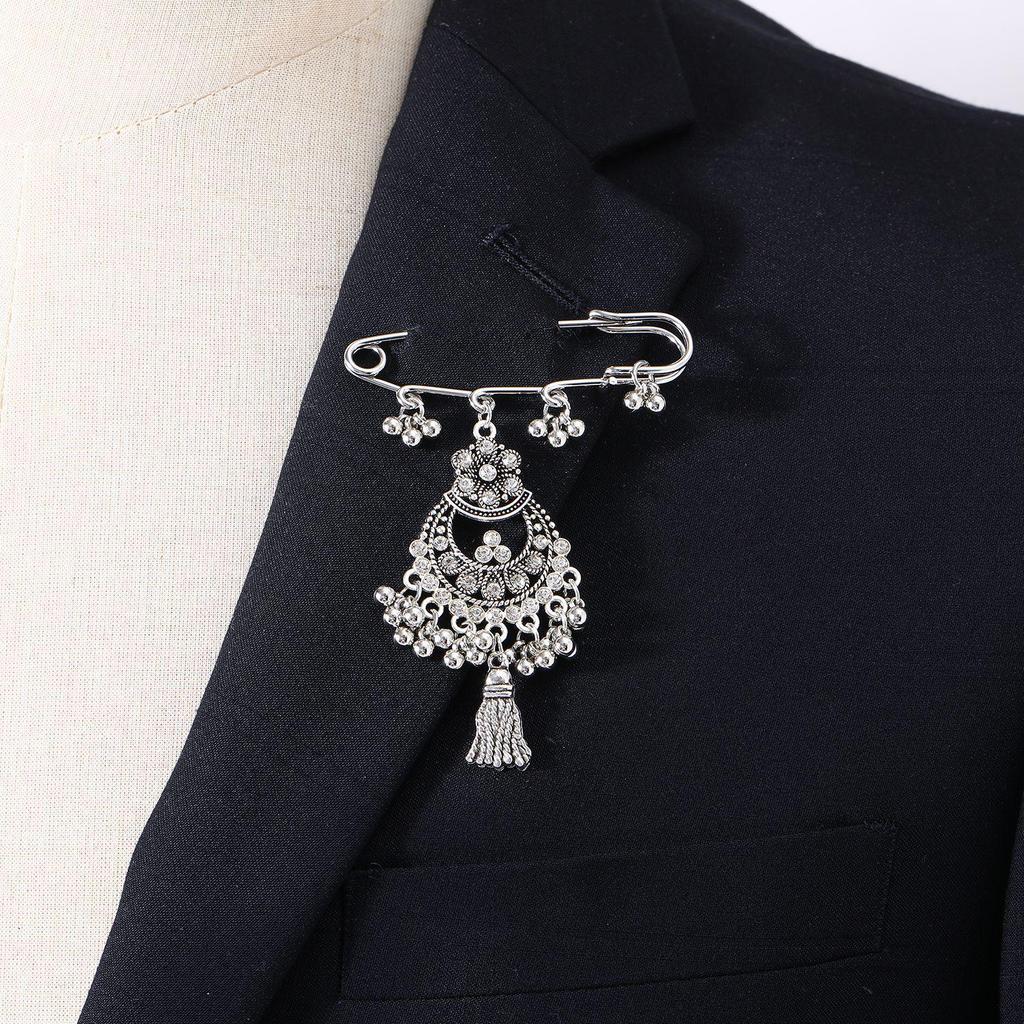 Bohemian Rhinestone Flower Tassel Brooch for Women - Exotic Style Suit Coat Pin