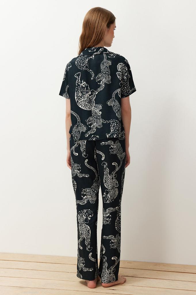 Women's Fashion Anthracite Animal Patterned Viscose Woven Pajama Set