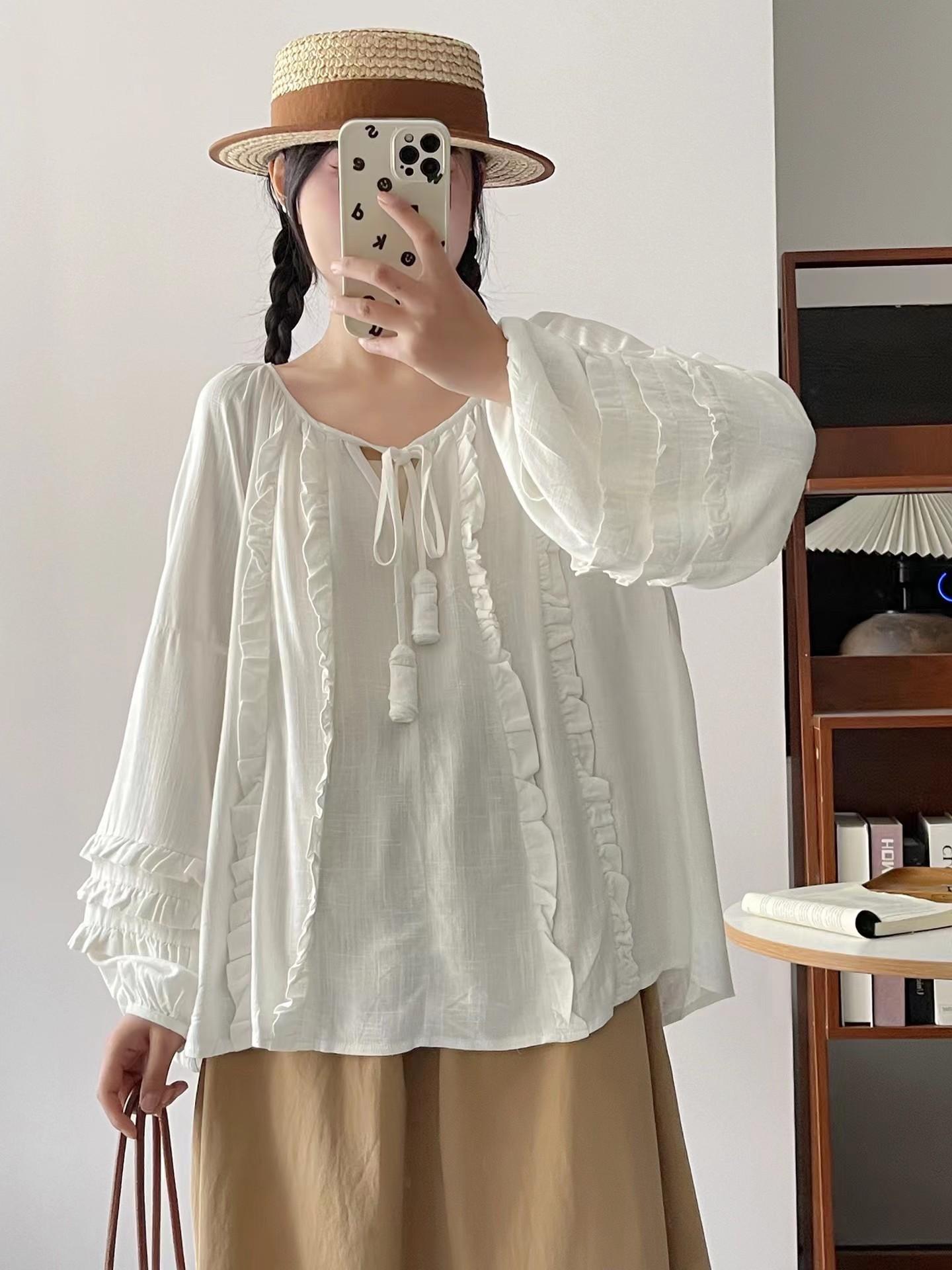 

Johnature Свободная универсальная рубашка женская весна-лето с круглым вырезом повседневная простая оборка женские блузки One Size