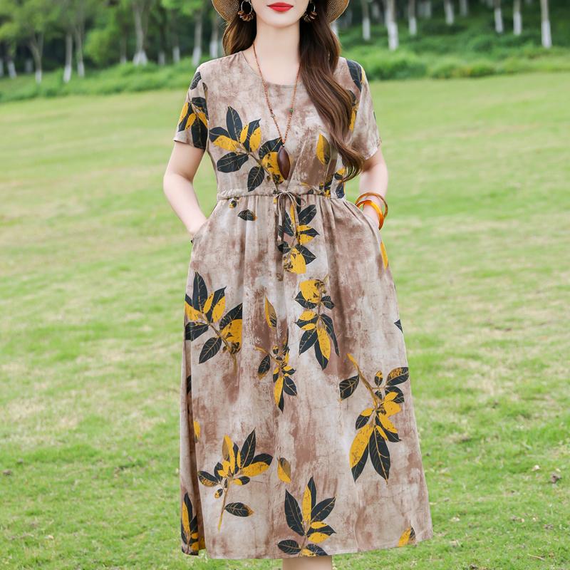 Plus Size Women's Long Dress Summer  Short Sleeve Vintage Print Dress for Women