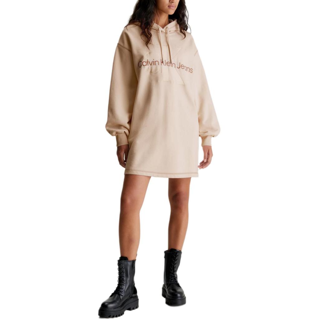 Calvin Klein Letter Satin Embroidered Cotton Oversized Hoodie Dress Women dresses Ivory J20J223245-YBI