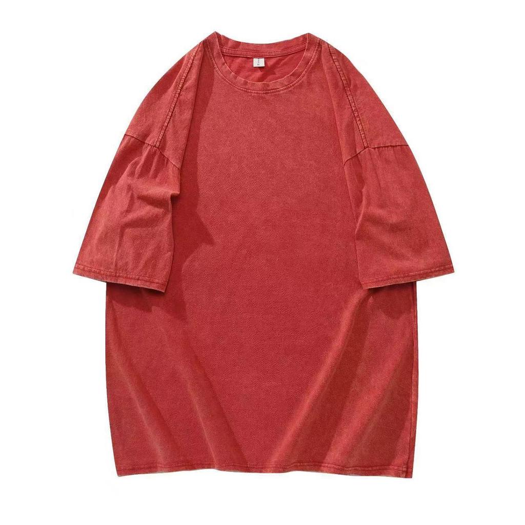 T-shirt pour homme en coton lourd délavé et vieilli, ample style Hong Kong, manches courtes cinq points, marque tendance d'été.