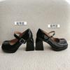 Black thick heel high heels new one-word buckle Mary Jane shoes light mouth single shoes women's round head