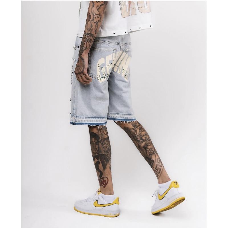 High Street Hip Hop Rhinestone Cross Straight Denim Knee Length Shorts