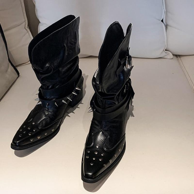 Pleated Short-thigh Boots Women's Autumn New Pointed Toe Studded Metal Buckle Sleeve Non-slip Block Heel Kitten Shoes