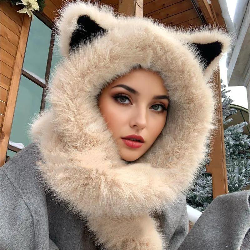 1PC Faux Fur Hats Exquisite Pointed Ear Shape Cute Plush Hat Versatile Accessories Comfortable Scarf Warmth 56-58cm
