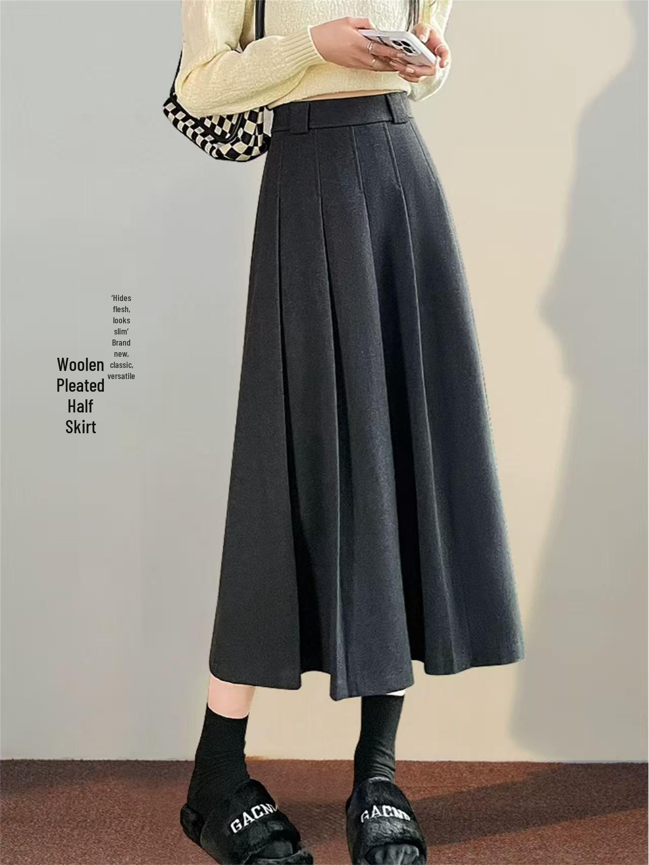

Gray Wool A-line Pleated Midi Skirt - Plus Size Petite, Slimming Hip Cover for Autumn/Winter. XL (120-140 jin)