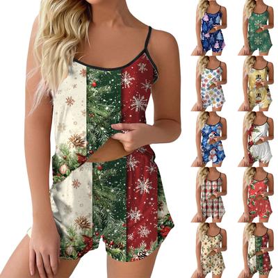 Modisches Set mit Weihnachtsdruck für Damen, ärmelloses Oberteil und Shorts mit Pyjama