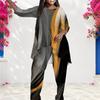 Women Plus Size Round Neck Long Sleeve Pink Purple Printed Layered Top Long Pants Two Piece Set