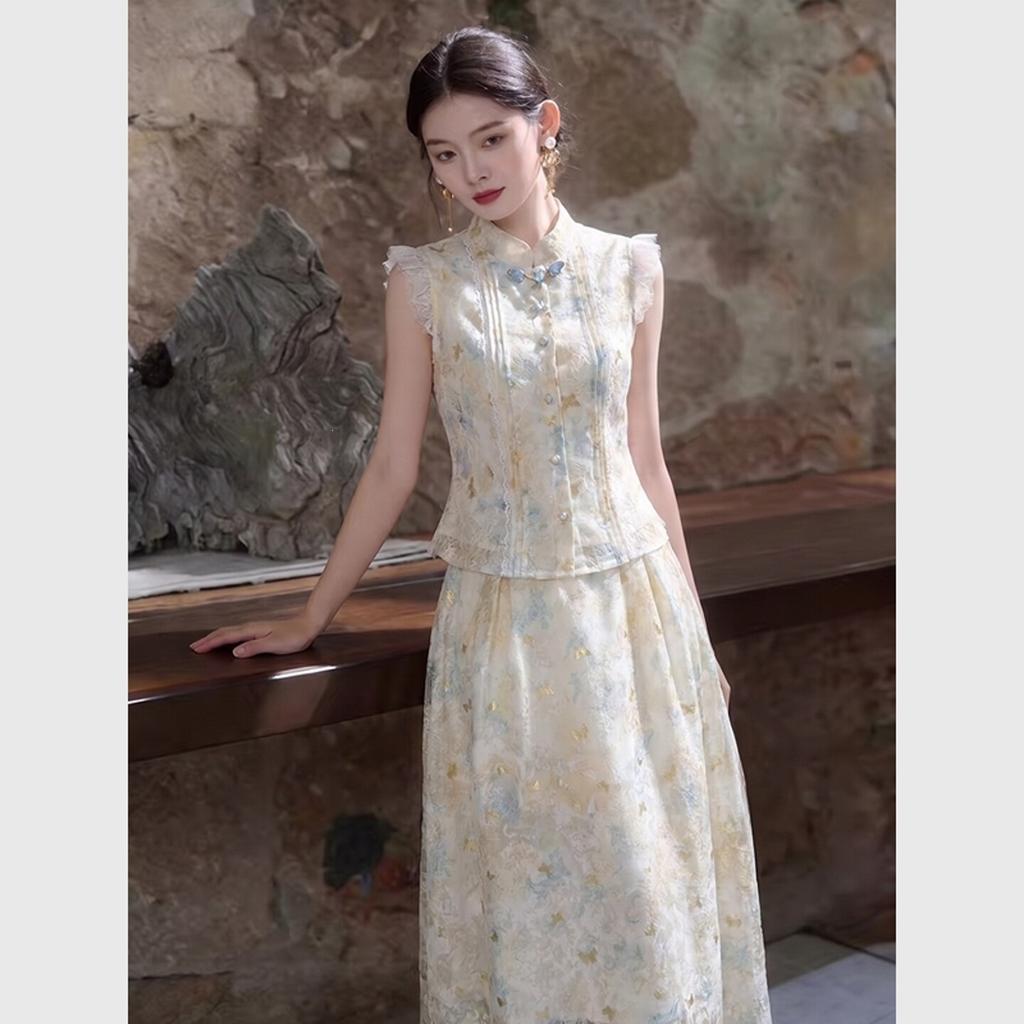 Mo Chun New Chinese Lace Xiaofei Sleeve Bronzing Sleeveless Top Horse Skirt Women's Summer Guofeng Suit Polyester South East Asia