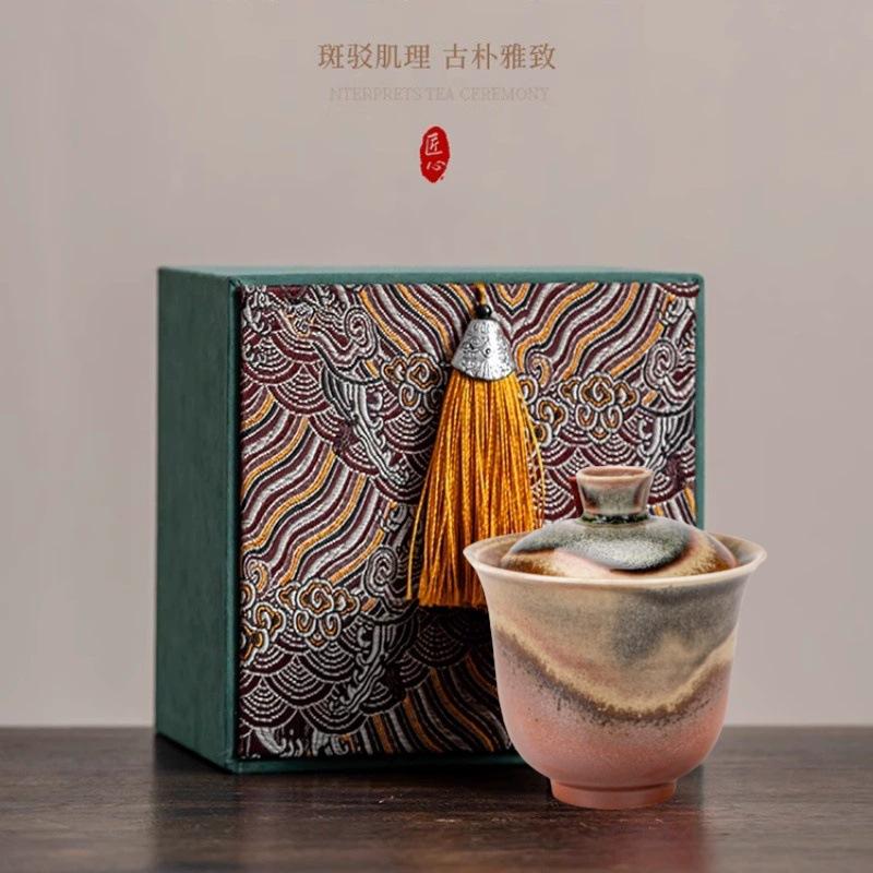 Retro Firewood Burning Ercai Cover Bowl Ceramic Teacup Tea Bowl Hover Cover Bowl Single Non-hot Kung Fu Tea Set Gift Box
