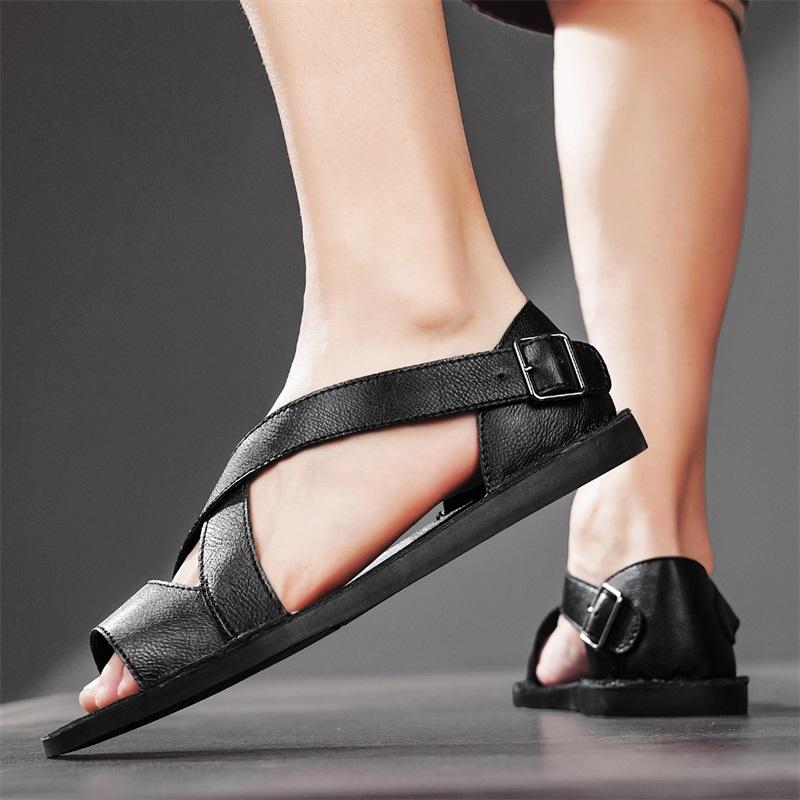 Sandali bassi semplici fatti a mano da uomo Sandali romani estivi Pelle rétro nero marrone Punta aperta Scarpe da spiaggia Taglie forti