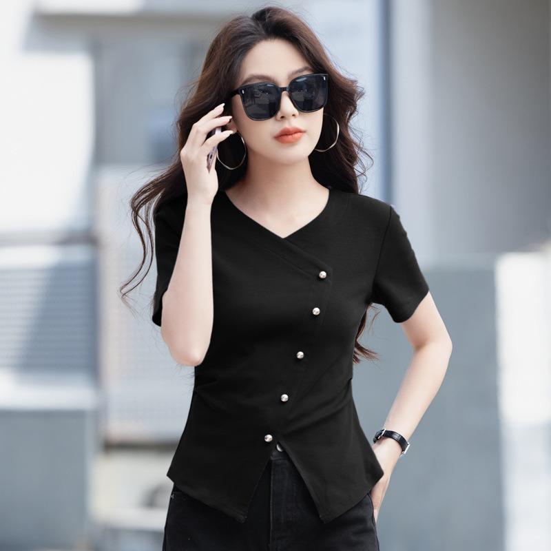 Women's Summer New High End Temperament V Collar Shoulder Short Sleeve Irregular Hem Top