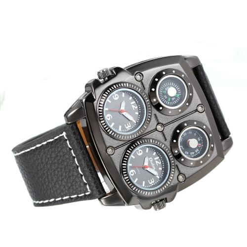 Avaner Men's Punk Unique Date Face Dual Time Quartz Business Casual Watch with Decorative Compass & Thermometer Dial and Black Leather Band