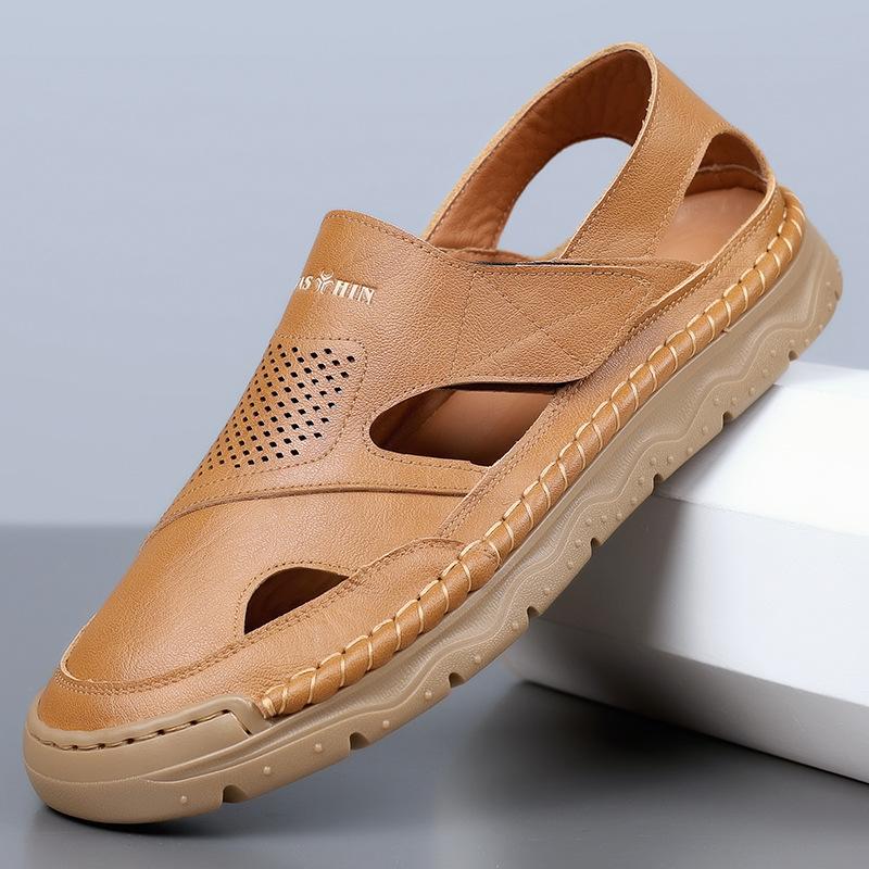 2025 Summer New Leather Sandals for Men Solid Color Fashion Casual Soft Sole Hallow Breathable Antiskid Designer Shoes Man