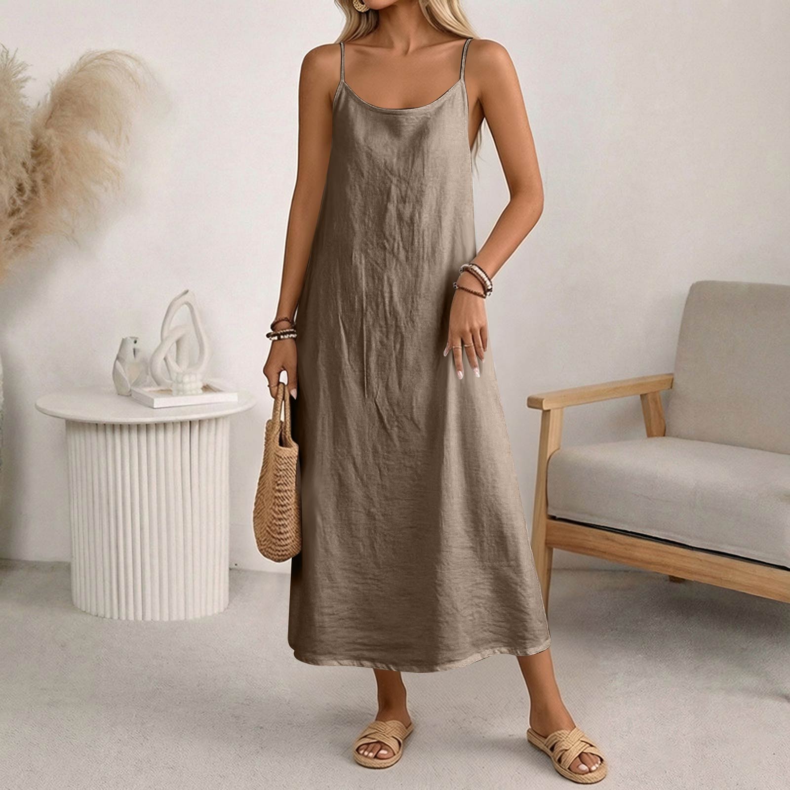 Женское модное повседневное свободное платье-майка без рукавов, хлопково-льняное, средней длины L кофейный