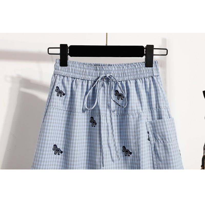 DIMANAF 2026 Spring Summer Plus Size Women Skirt Pants Elastic Waist Oversize Loose Casual Shorts Cotton Print Plaid