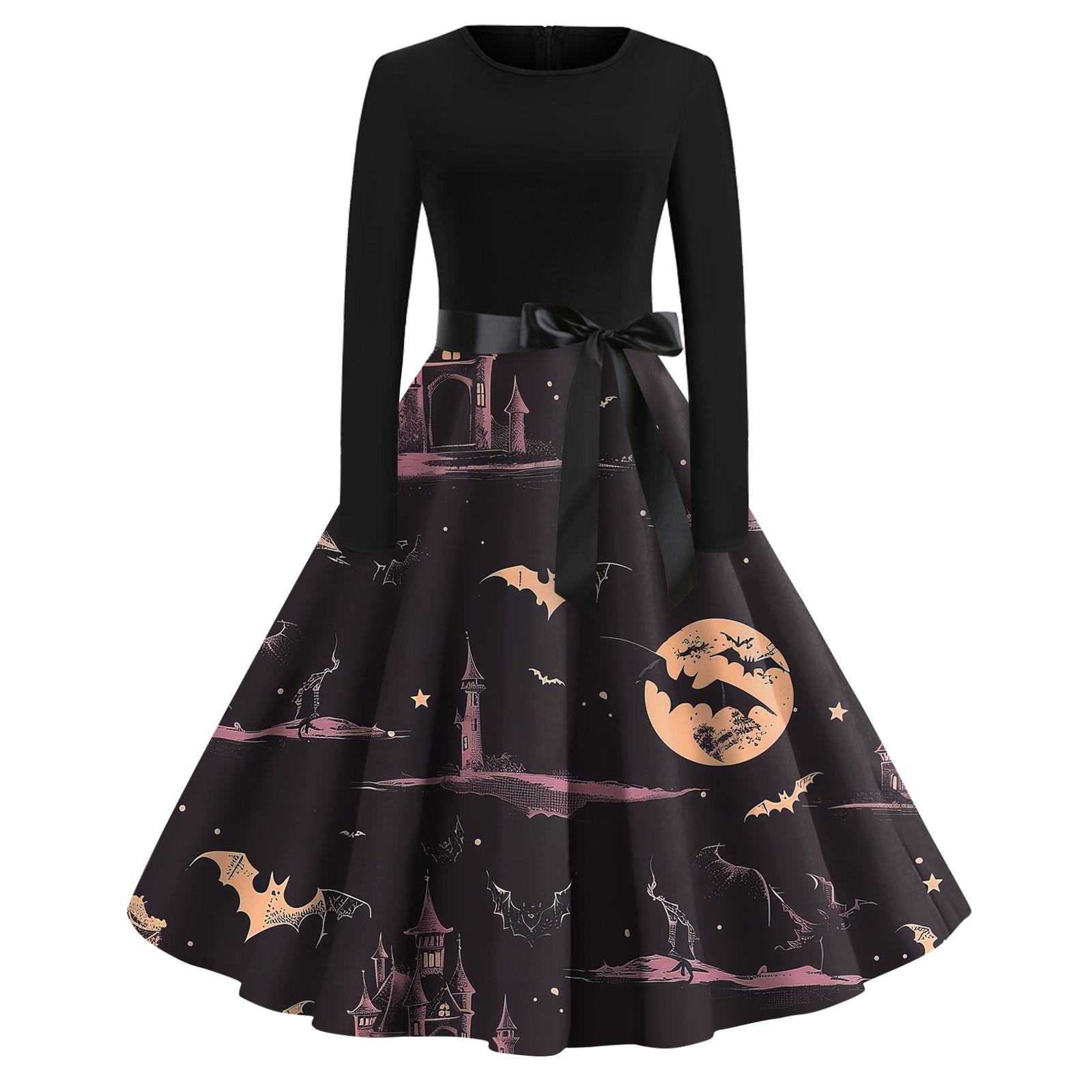 Платье-клеш с принтом на Хэллоуин для женщин с длинным рукавом — фото 4