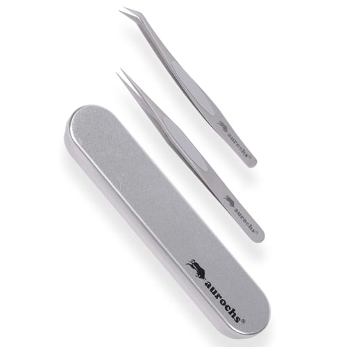 

aurochs Ultra-Low Knob Precision Stainless Steel Tweezers, Straight and Curved Tips, Set of 2, with Case