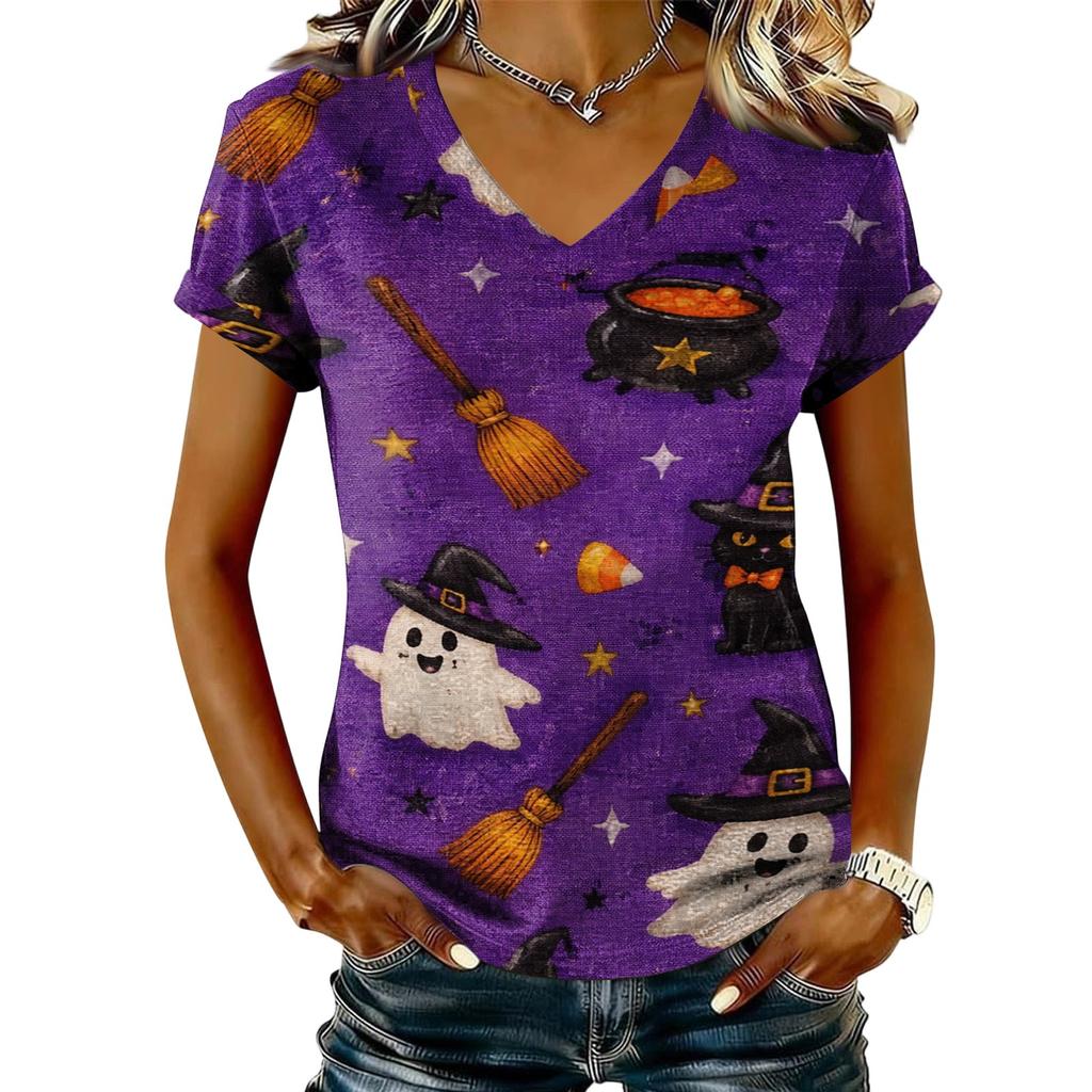 Women's V-Neck Short Sleeve Halloween Print T-Shirt Casual Pullover Top
