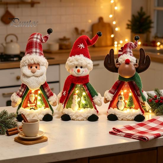 Plush Santa Claus Figurines Lighted Christmas Doll Decoration, Cute Claus/Snowman/Reindeer Figurine with Table Decorations Warm LED Light for Tabletop