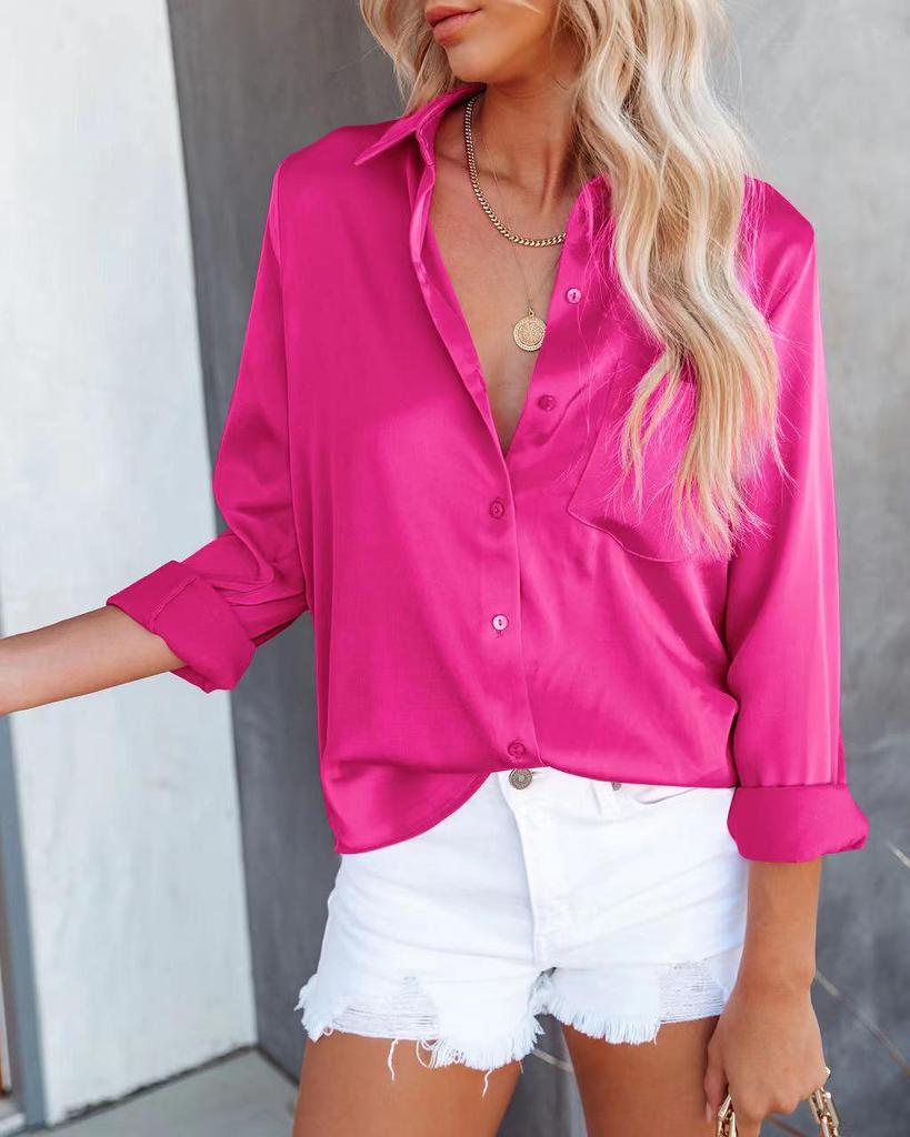 2025 Spring Collection: Women's Solid Color Satin Long Sleeve Business Top