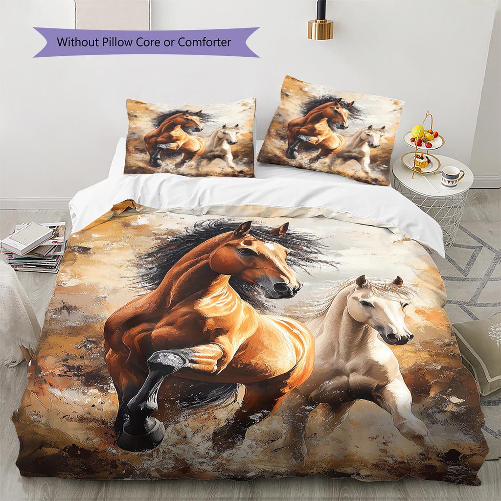 Horses Painting Pattern Bedding Quilt Set Quilt Cover Pillowcase Home Decoration Birthday Gift (1 * Duvet Cover + 2 * Pillowcase, Without Core)