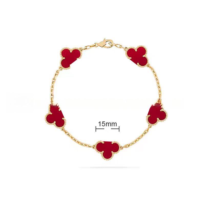 15MMHigh-quality Four-leaf Clover Five-flower Bracelet for Women 18k Natural White Mother-of-pearl and Red Chalcedony Bracelet