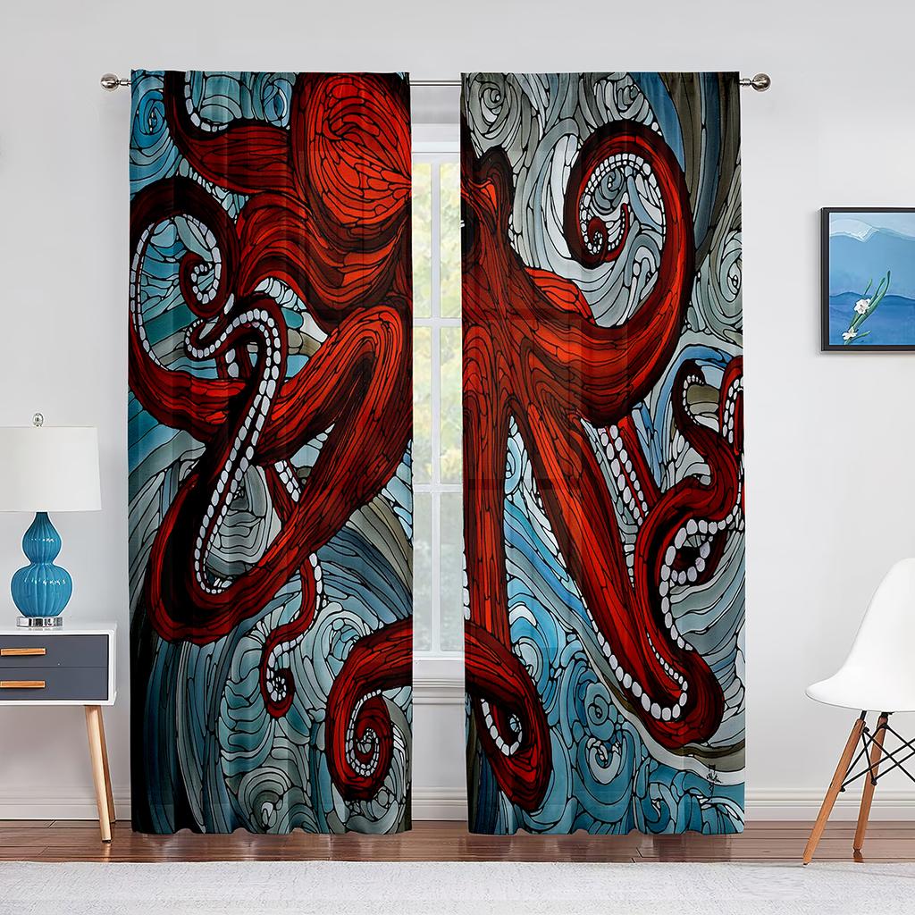 Cool Red Octopus Ocean Marine Life Chiffon Sheer Voile Curtains for Living Room Bedroom Kitchen Decor Window Tulle Curtain Drape