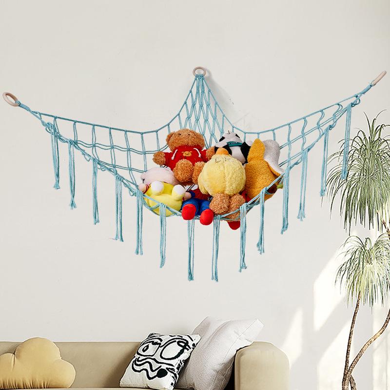 Kolorowy sznurkowy worek-siatka z frędzlami do przechowywania zabawek dla pokoju dziecięcego