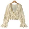Cardigan in chiffon con scollo a V, lacci, camicia leggera, colore unito, bordo con volant, estivo, sottile, protezione solare, da indossare tutti i giorni