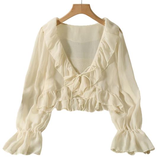 Cardigan in chiffon con scollo a V, lacci, camicia leggera, colore unito, bordo con volant, estivo, sottile, protezione solare, da indossare tutti i giorni