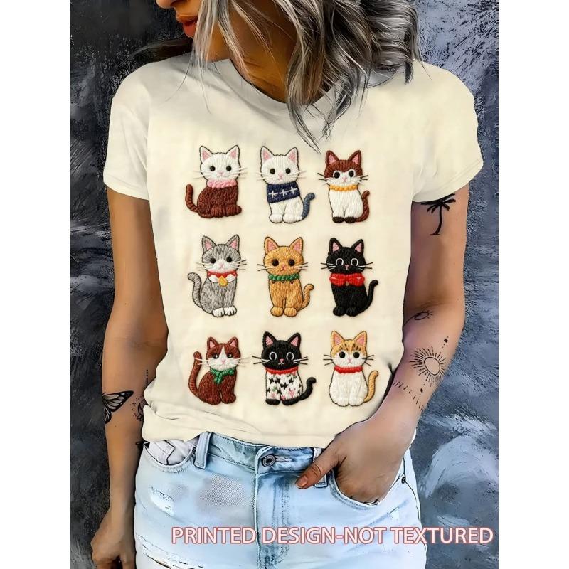 Funny Cat Pattern Women's T-Shirt Cute Animal 3D Print T-Shirts Summer Fashion Casual Street Tees Short Sleeves Round Neck Tops