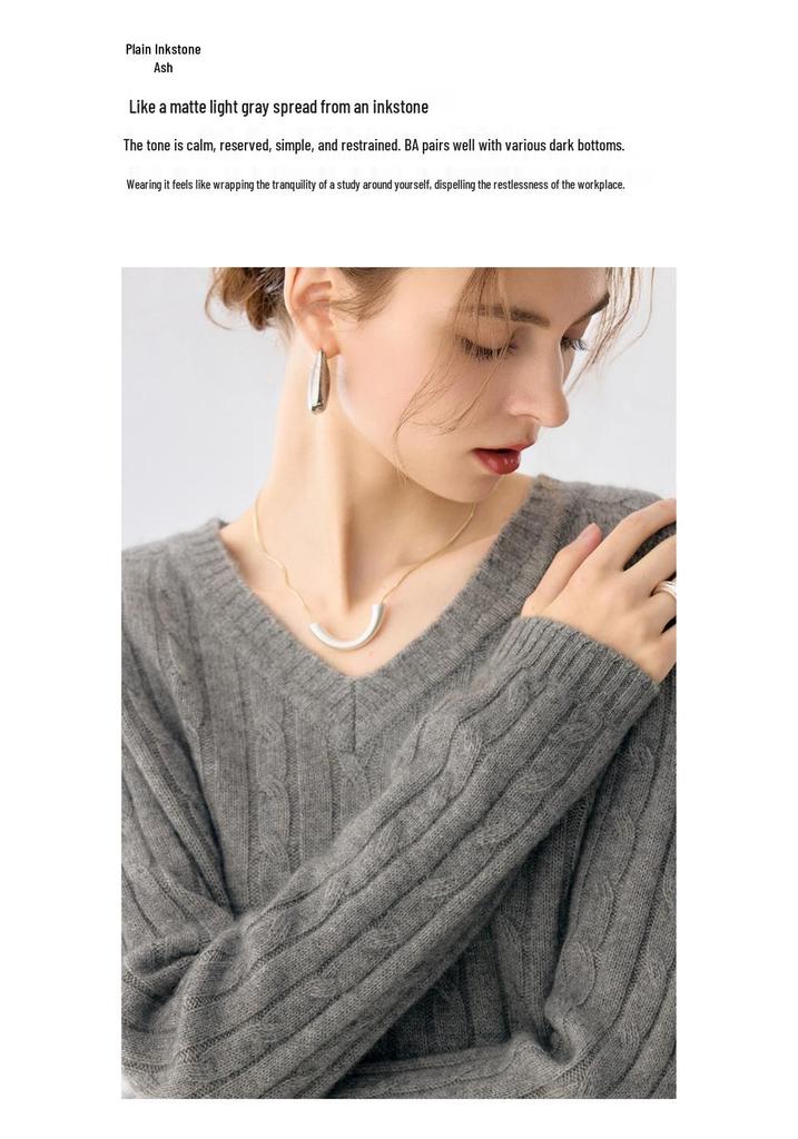 Lekasha Cashmere Cable Knit V-Neck Loose Base Layer Shirt