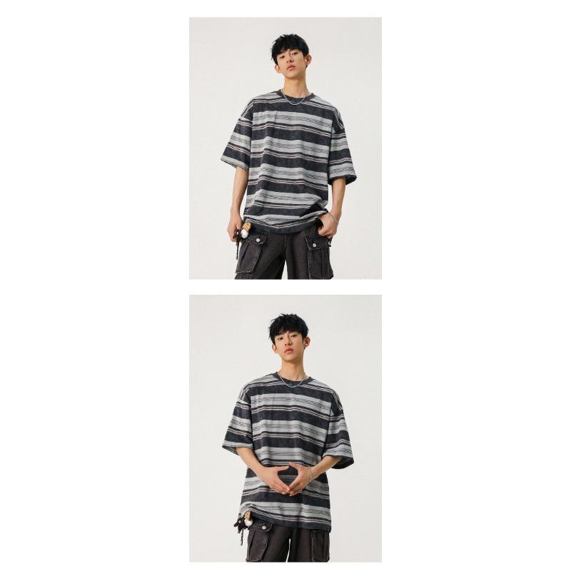 Herren Gestreiftes Lockeres Rundhals Casual Kurzarm T-Shirt