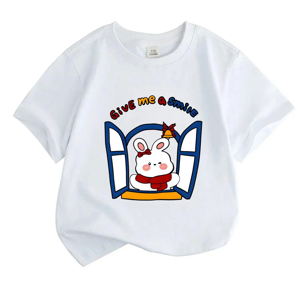 Kids Boys Girls 100% Cotton Crew Neck Short Sleeve T-Shirt, Cute Wink Bunny Window Give Me A Smile Graphic Casual Summer Tee for Children Daily Wear