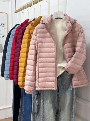Jaqueta Curta Feminina com Capuz de Penas - 90% Penas de Pato Branco, Leve, Tamanho Plus, Capuz Removível, Estilo Outono/Inverno.