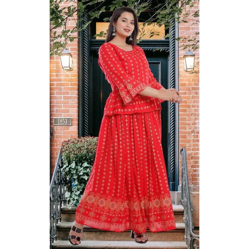 Women Party Wear Rayon Top Kurta Skirt Set Indian Bollywood Top Tunic Kurti VSO-1708 C